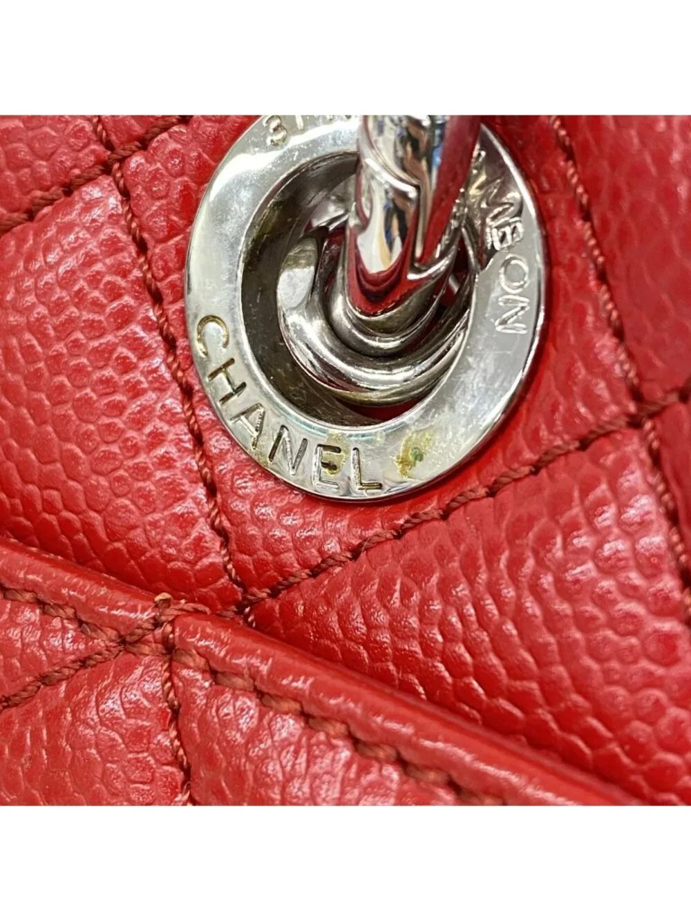 Chanel Chain Tote Bag Quilted Caviar Leather Red Silver